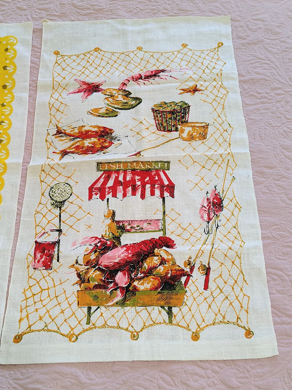 Set Of 2 Fish Market & Farm House 100% Linen Tea Dish Towels Vintage MCM Poland